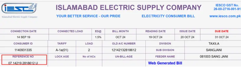 IESCO Bill Reference Number